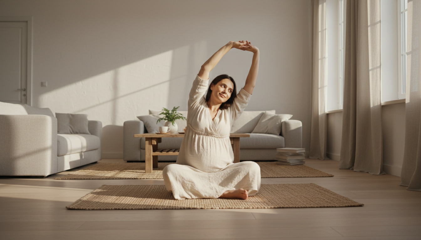 firefly gemini flash a premium, wide angle photograph of a pregnant woman in a calm, healthy daily life mo 738677